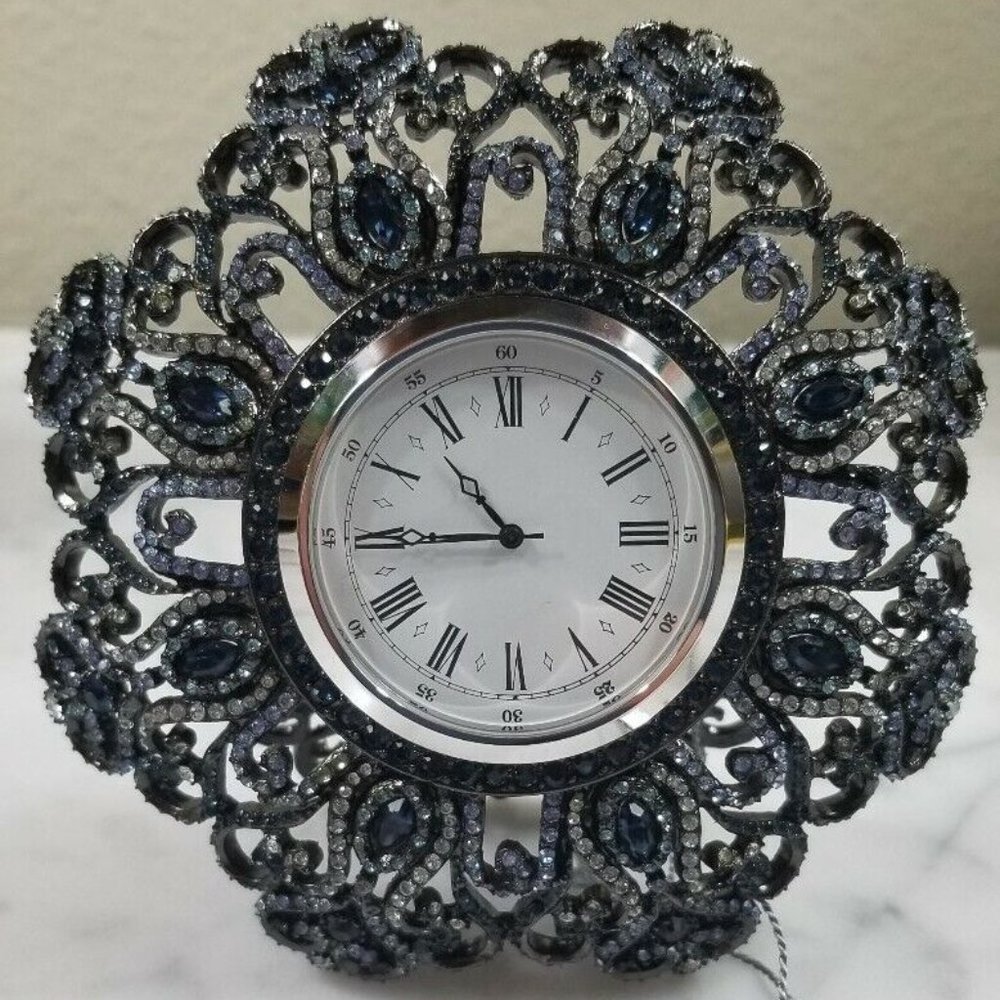 RARE JAY STRONGWATER TIARA CROWN CLAIR DE LUNE CRYSTAL ENAMEL DESK MANTLE CLOCK